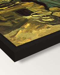 Peasant Woman Cooking by van Gogh framed canvas, corner close-up: a black floating frame with a shadow gap round the canvas