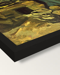 Peasant Woman Cooking by van Gogh framed print, corner close-up: black moulding, mitred, the print set just below its edge