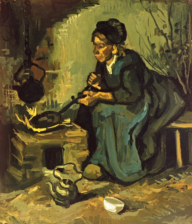 Peasant Woman Cooking by a Fireplace by Vincent van Gogh: a woman bending over a pot on an open fire in a dark cottage