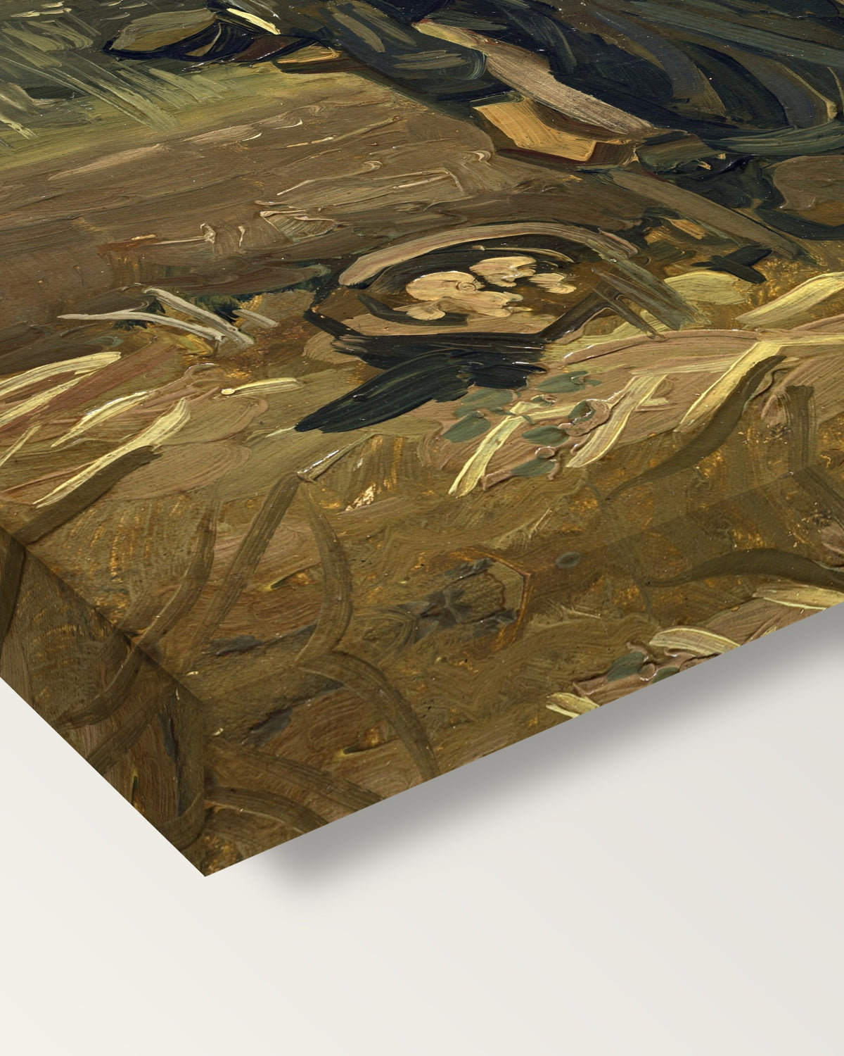 Peasant Woman Digging Up Potatoes on stretched canvas, corner close-up: the painting mirror-wrapped round the sides