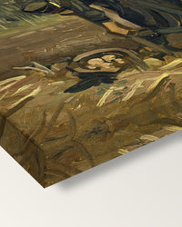 Peasant Woman Digging Up Potatoes on stretched canvas, corner close-up: the painting mirror-wrapped round the sides