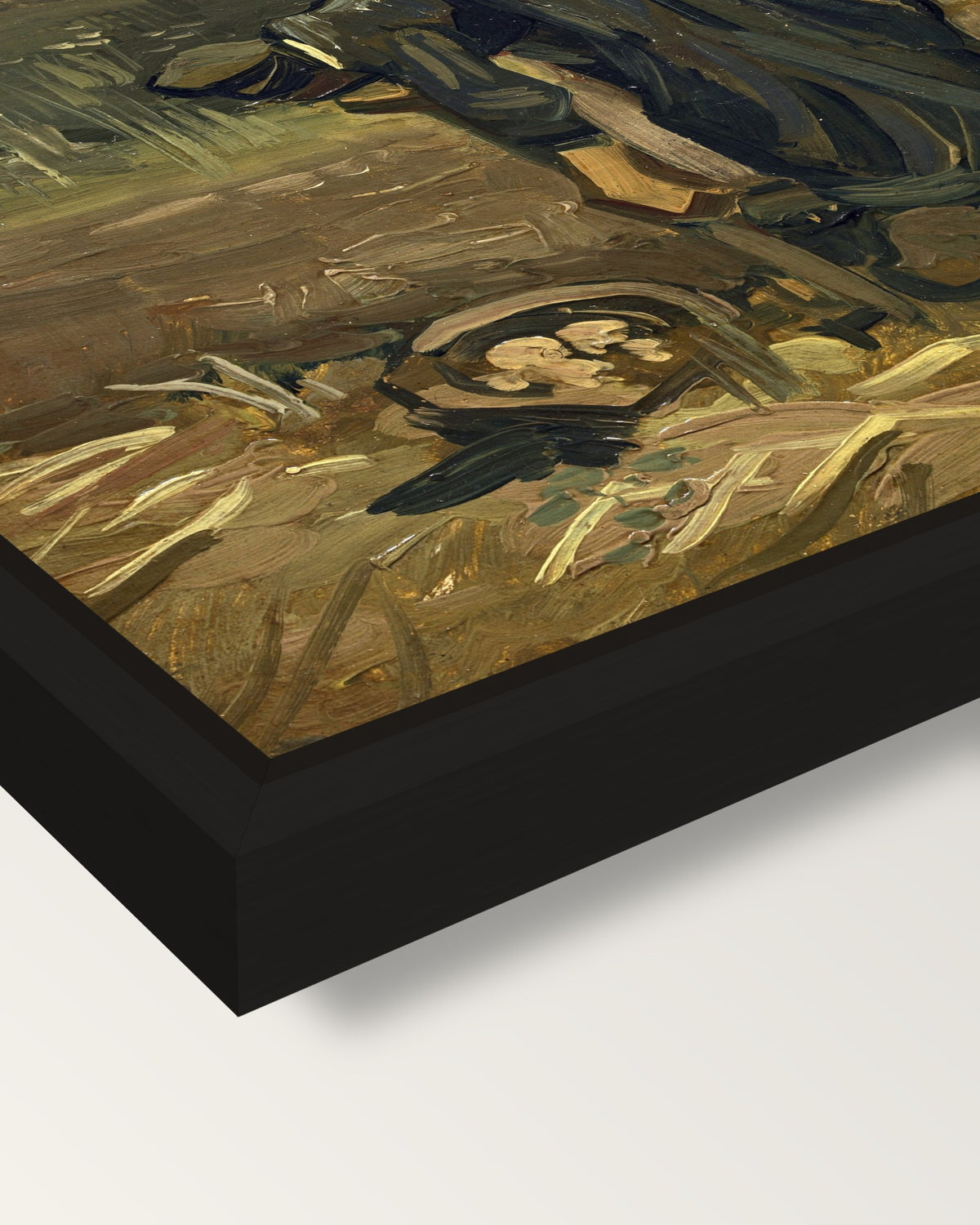 Peasant Woman Digging Up Potatoes framed canvas, corner close-up: a black floating frame with a shadow gap round the canvas