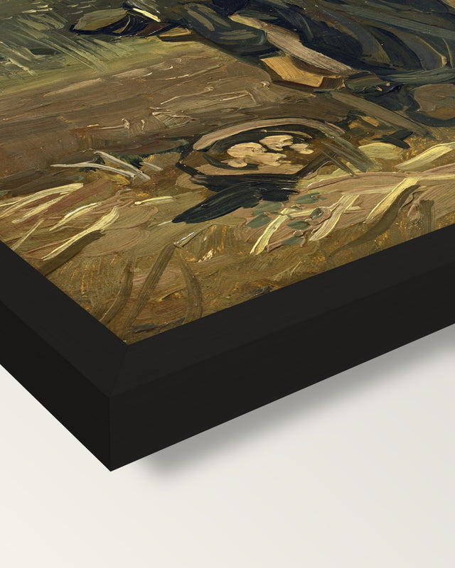 Peasant Woman Digging Up Potatoes framed print, corner close-up: black moulding, mitred, the print set just below its edge