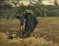 Peasant Woman Digging Up Potatoes by Vincent van Gogh: a woman bent double digging potatoes in dark brown earth