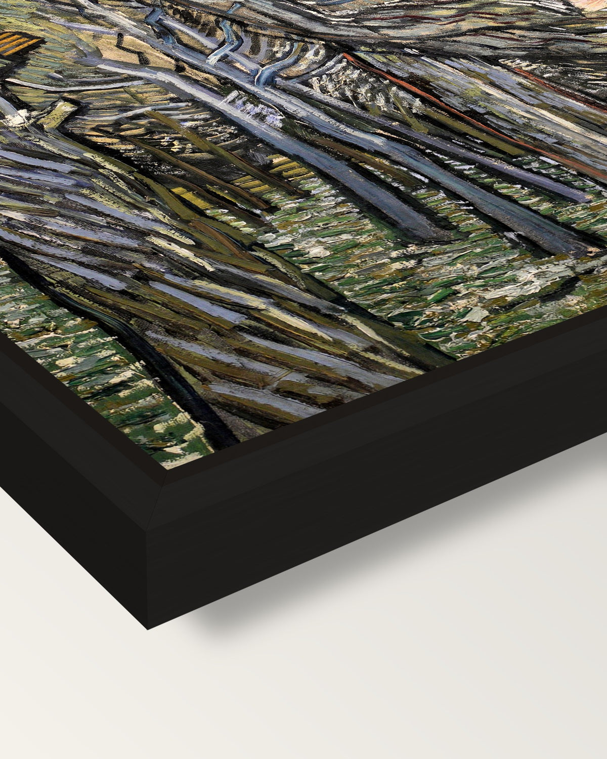 Pine Trees at Sunset by van Gogh framed canvas, corner close-up: a black floating frame with a shadow gap round the canvas