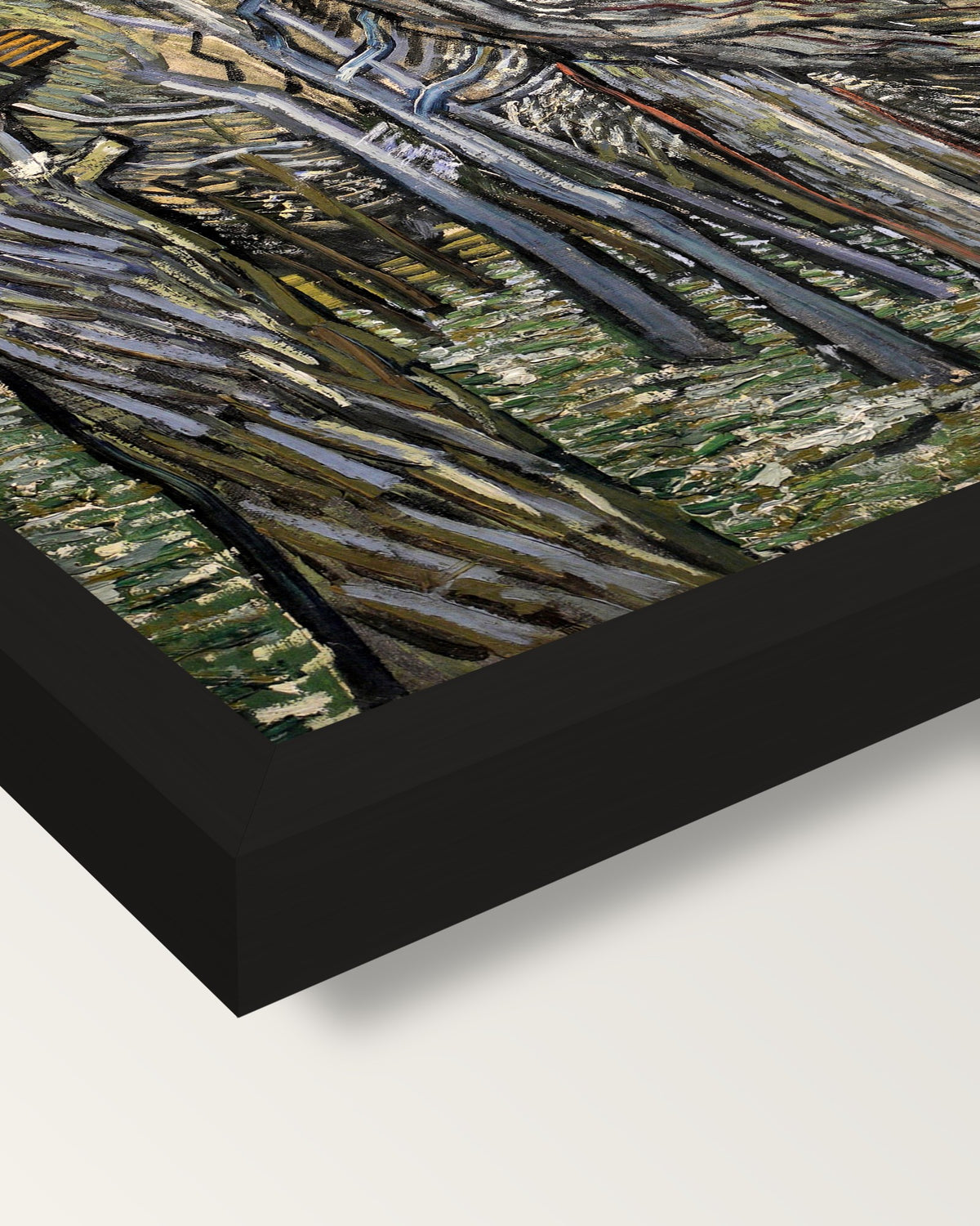 Pine Trees at Sunset by van Gogh framed print, corner close-up: black moulding, mitred, the print set just below its edge