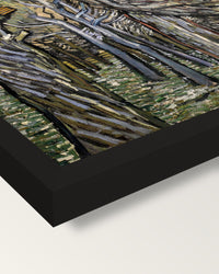 Pine Trees at Sunset by van Gogh framed print, corner close-up: black moulding, mitred, the print set just below its edge