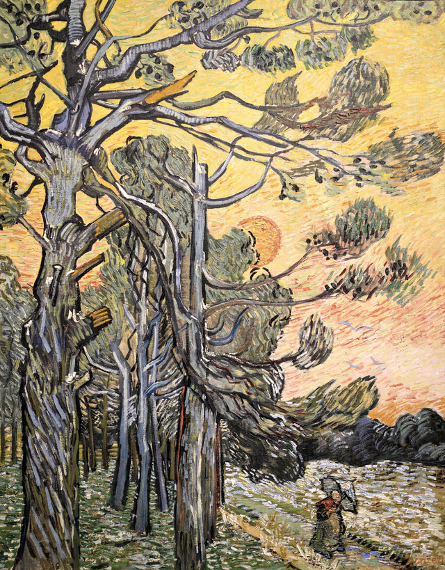 Pine Trees against a Red Sky by Vincent van Gogh: twisted pine trunks against a blazing orange sky with a low sun