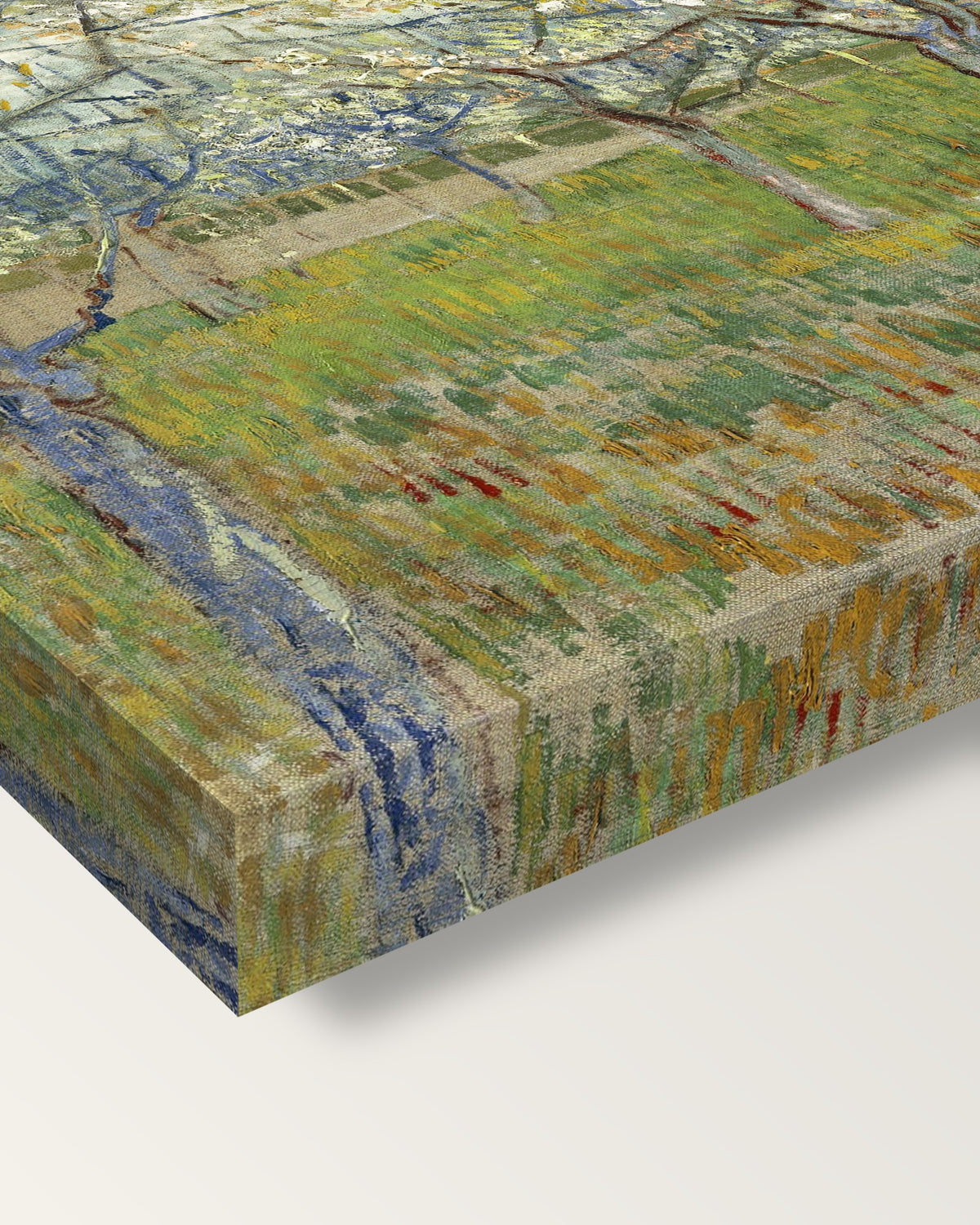 The Pink Orchard by Vincent van Gogh on stretched canvas, corner close-up: the painting mirror-wrapped round the sides