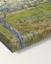 The Pink Orchard by Vincent van Gogh on stretched canvas, corner close-up: the painting mirror-wrapped round the sides
