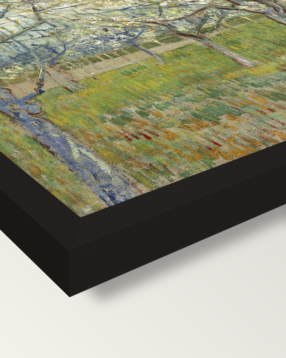 The Pink Orchard by Vincent van Gogh framed print, corner close-up: black moulding, mitred, the print set just below its edge