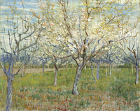 The Pink Orchard by Vincent van Gogh: rows of fruit trees in pink and white blossom over green grass, a blue sky behind
