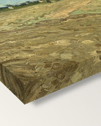 Ploughed Fields by Vincent van Gogh on stretched canvas, corner close-up: the painting mirror-wrapped round the sides
