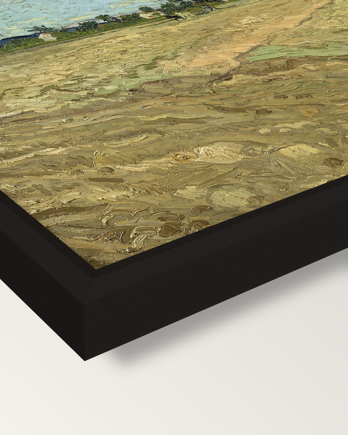 Ploughed Fields by Vincent van Gogh framed canvas, corner close-up: a black floating frame with a shadow gap round the canvas