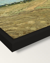 Ploughed Fields by Vincent van Gogh framed canvas, corner close-up: a black floating frame with a shadow gap round the canvas