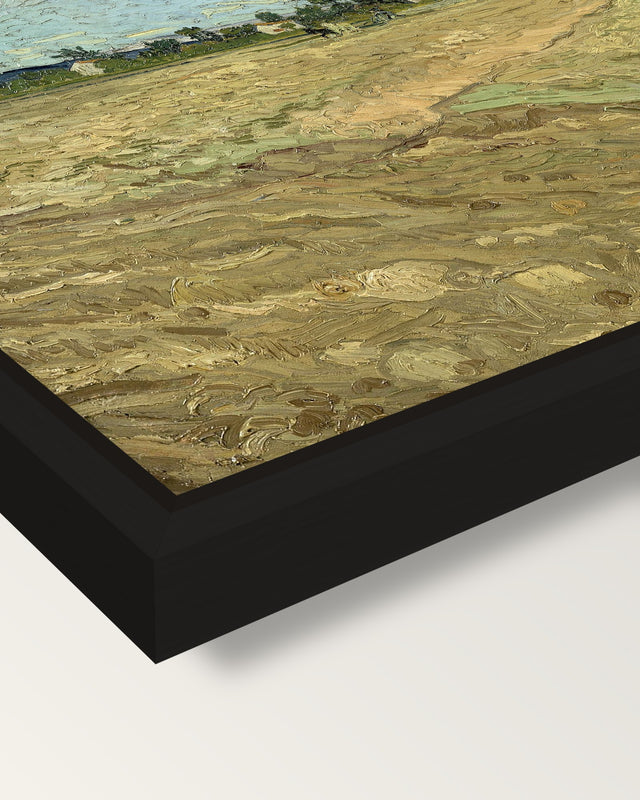 Ploughed Fields by Vincent van Gogh framed canvas, corner close-up: a black floating frame with a shadow gap round the canvas