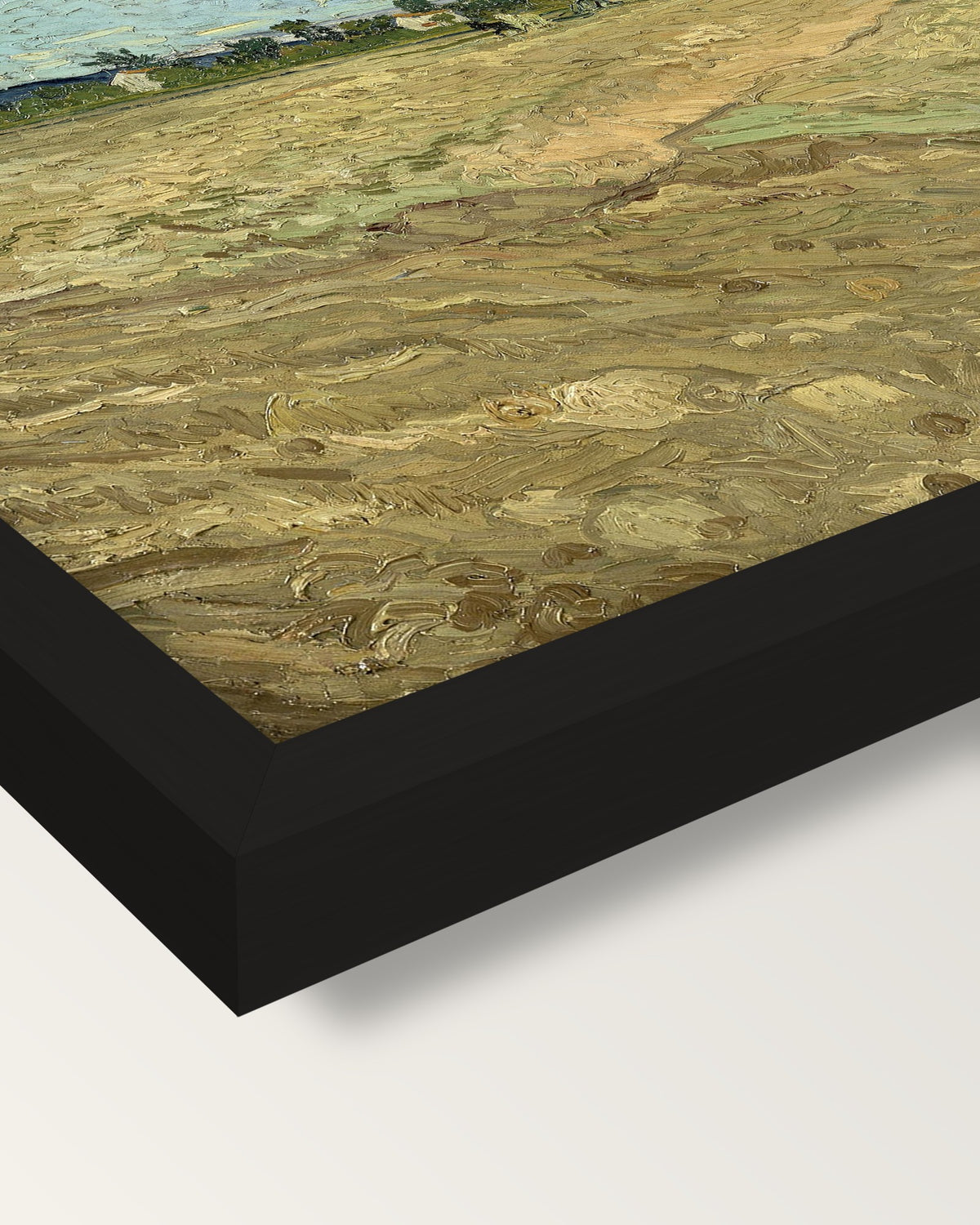 Ploughed Fields by Vincent van Gogh framed print, corner close-up: black moulding, mitred, the print set just below its edge