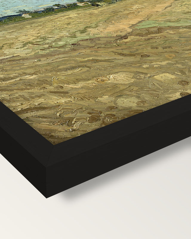 Ploughed Fields by Vincent van Gogh framed print, corner close-up: black moulding, mitred, the print set just below its edge