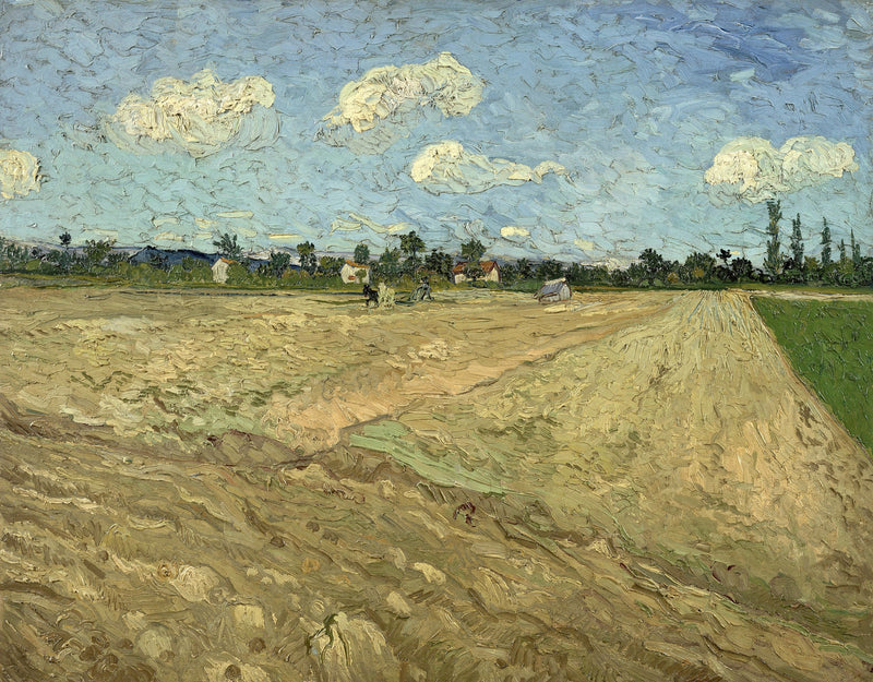 Ploughed Fields by Vincent van Gogh: a wide ploughed field to a low horizon under a blue sky with white clouds