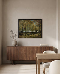 Poplars near Nuenen by Vincent van Gogh in a black frame above a walnut sideboard in a dining room