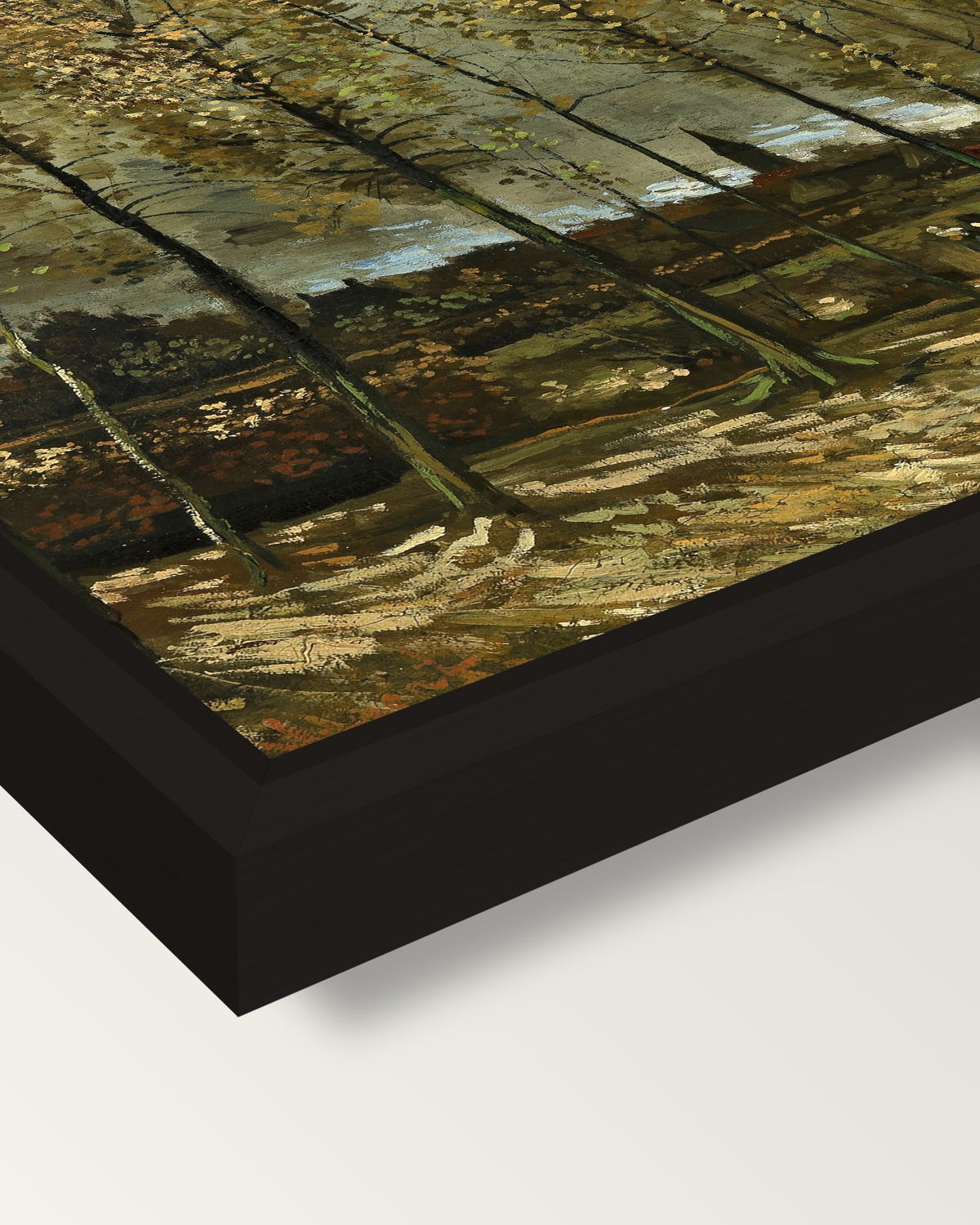 Poplars near Nuenen by van Gogh framed canvas, corner close-up: a black floating frame with a shadow gap round the canvas
