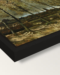 Poplars near Nuenen by van Gogh framed canvas, corner close-up: a black floating frame with a shadow gap round the canvas