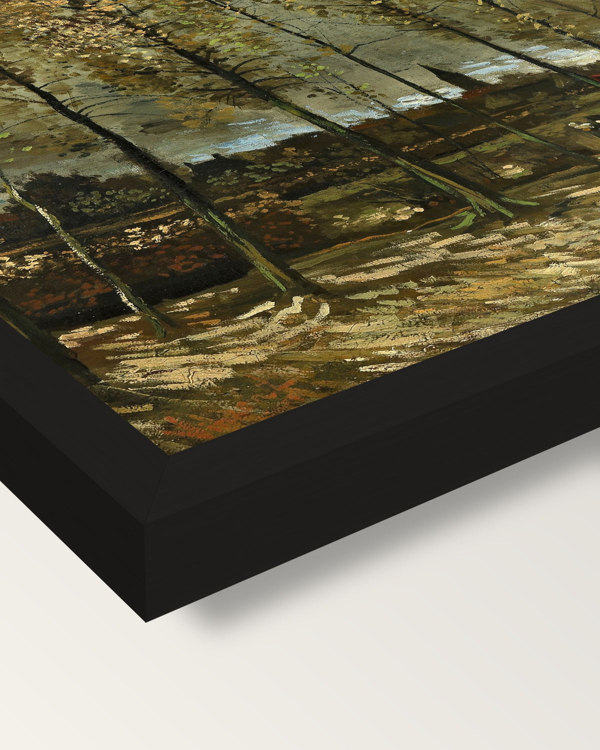 Poplars near Nuenen by van Gogh framed print, corner close-up: black moulding, mitred, the print set just below its edge