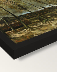 Poplars near Nuenen by van Gogh framed print, corner close-up: black moulding, mitred, the print set just below its edge
