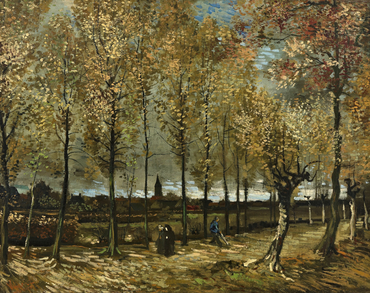 Poplars near Nuenen by Vincent van Gogh: a lane carpeted in yellow leaves under tall poplars, small figures walking