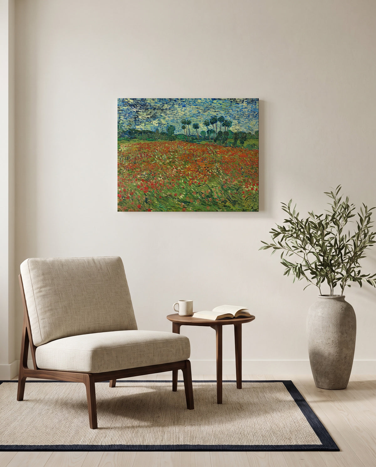 Poppy Field by Vincent van Gogh as a stretched canvas above a linen lounge chair in a reading corner