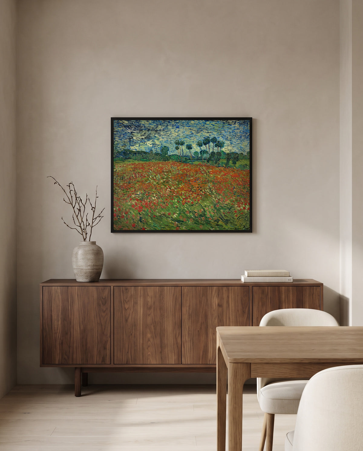 Poppy Field by Vincent van Gogh in a black frame above a walnut sideboard in a dining room