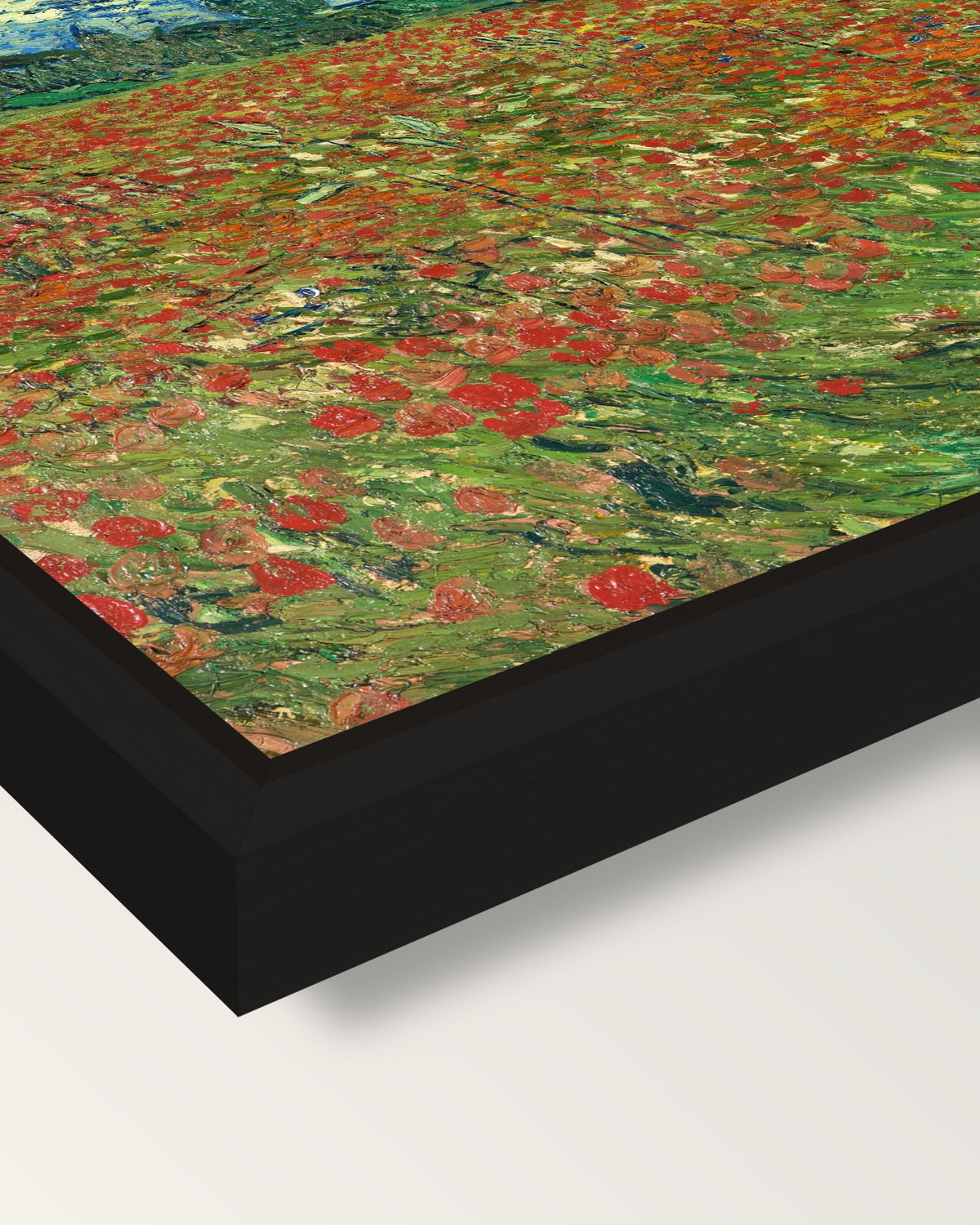 Poppy Field by Vincent van Gogh framed canvas, corner close-up: a black floating frame with a shadow gap round the canvas