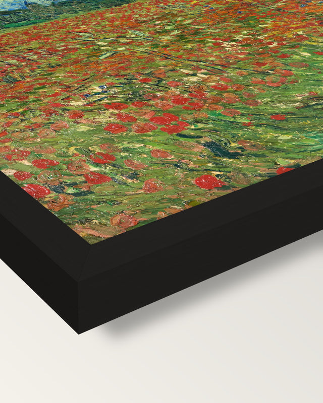 Poppy Field by Vincent van Gogh framed print, corner close-up: black moulding, mitred, the print set just below its edge