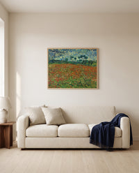 Poppy Field by Vincent van Gogh framed in natural oak above a cream sofa in a warm living room