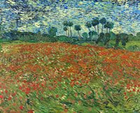 Poppy Field by Vincent van Gogh: a wide field of red poppies, a line of dark green trees and a blue sky
