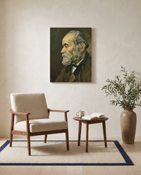Portrait of an Old Man by Vincent van Gogh as a stretched canvas above a linen lounge chair in a reading corner