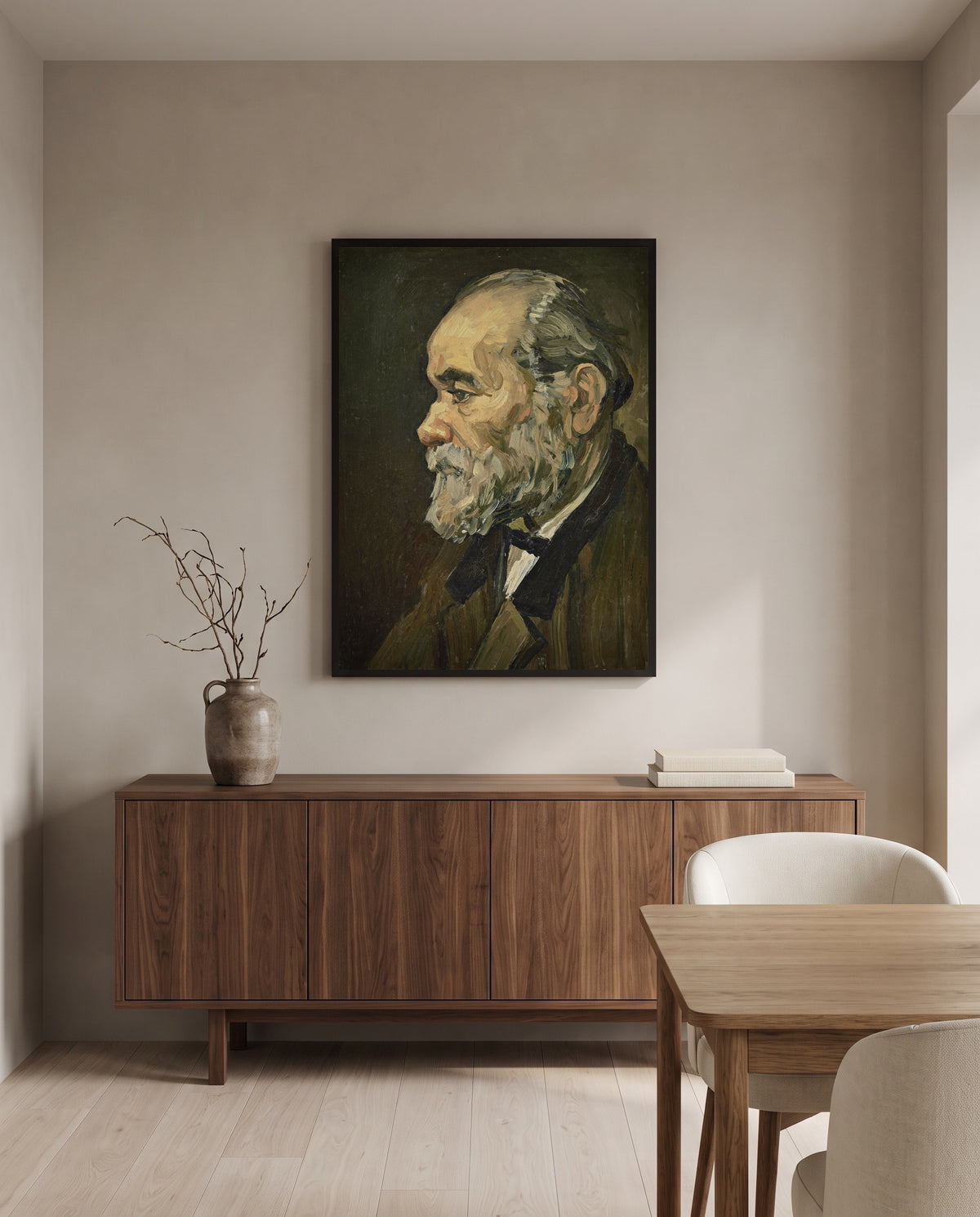 Portrait of an Old Man by Vincent van Gogh in a black frame above a walnut sideboard in a dining room