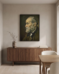 Portrait of an Old Man by Vincent van Gogh in a black frame above a walnut sideboard in a dining room