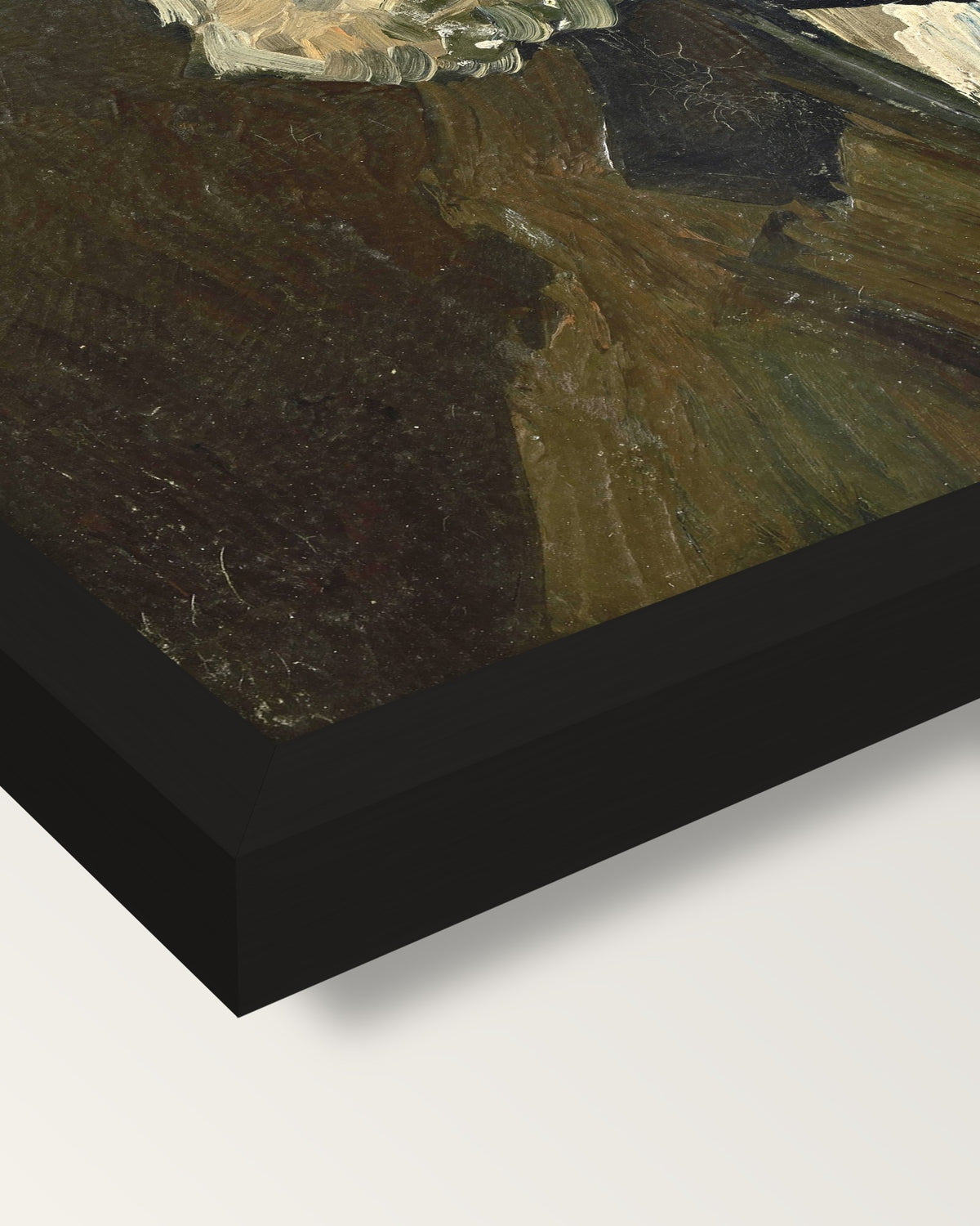 Portrait of an Old Man by van Gogh framed print, corner close-up: black moulding, mitred, the print set just below its edge