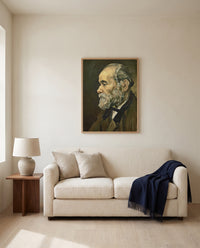Portrait of an Old Man by Vincent van Gogh framed in natural oak above a cream sofa in a warm living room