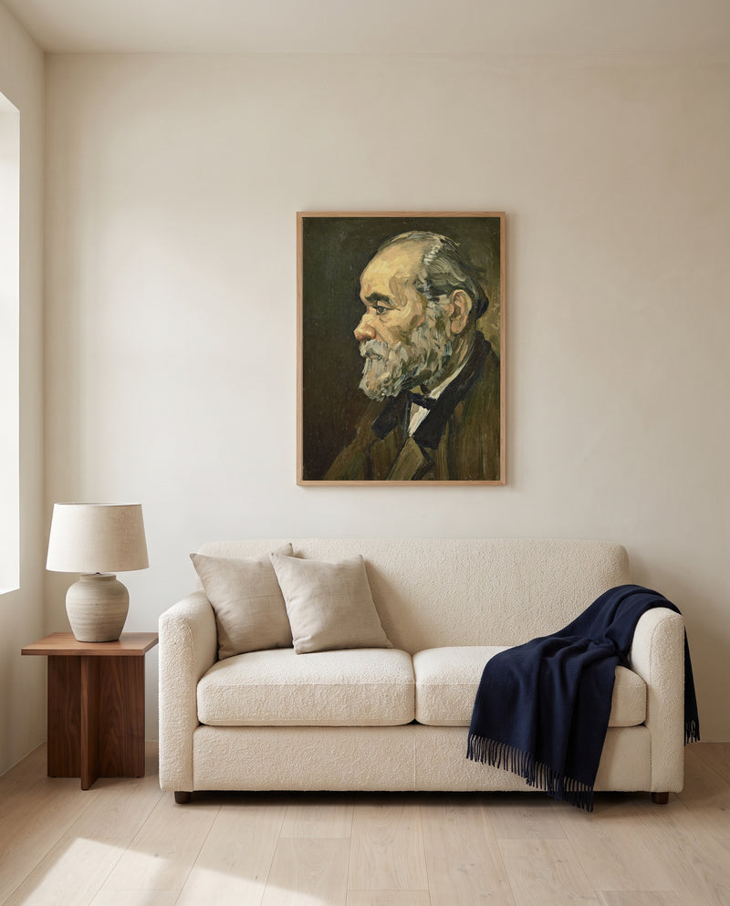 Portrait of an Old Man by Vincent van Gogh framed in natural oak above a cream sofa in a warm living room