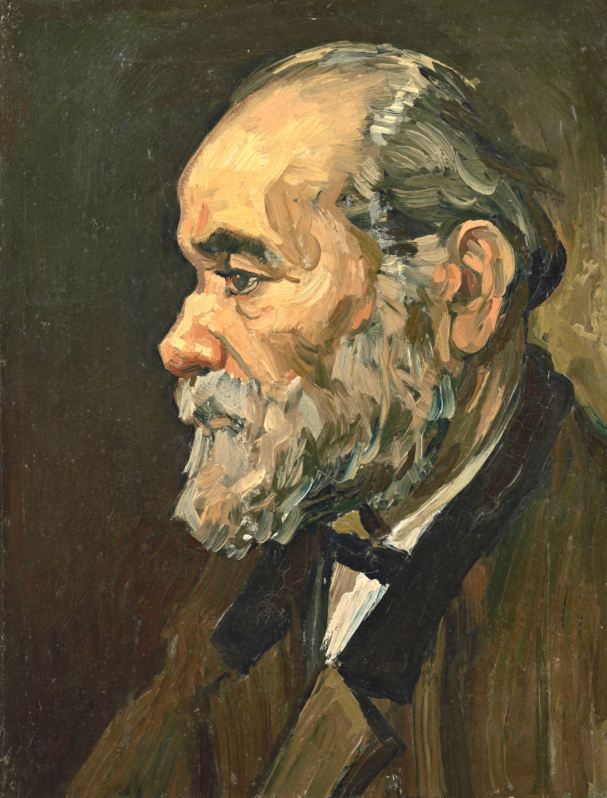 Portrait of an Old Man by Vincent van Gogh: a bearded old man in profile, in a dark coat and white collar