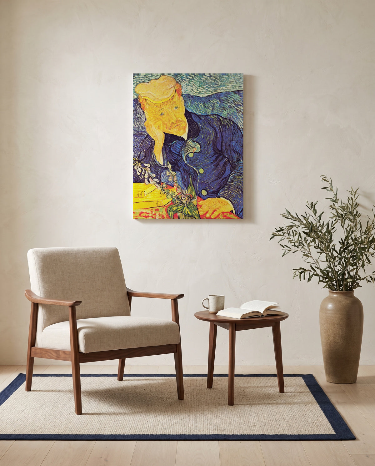 Portrait of Dr. Gachet by Vincent van Gogh as a stretched canvas above a linen lounge chair in a reading corner