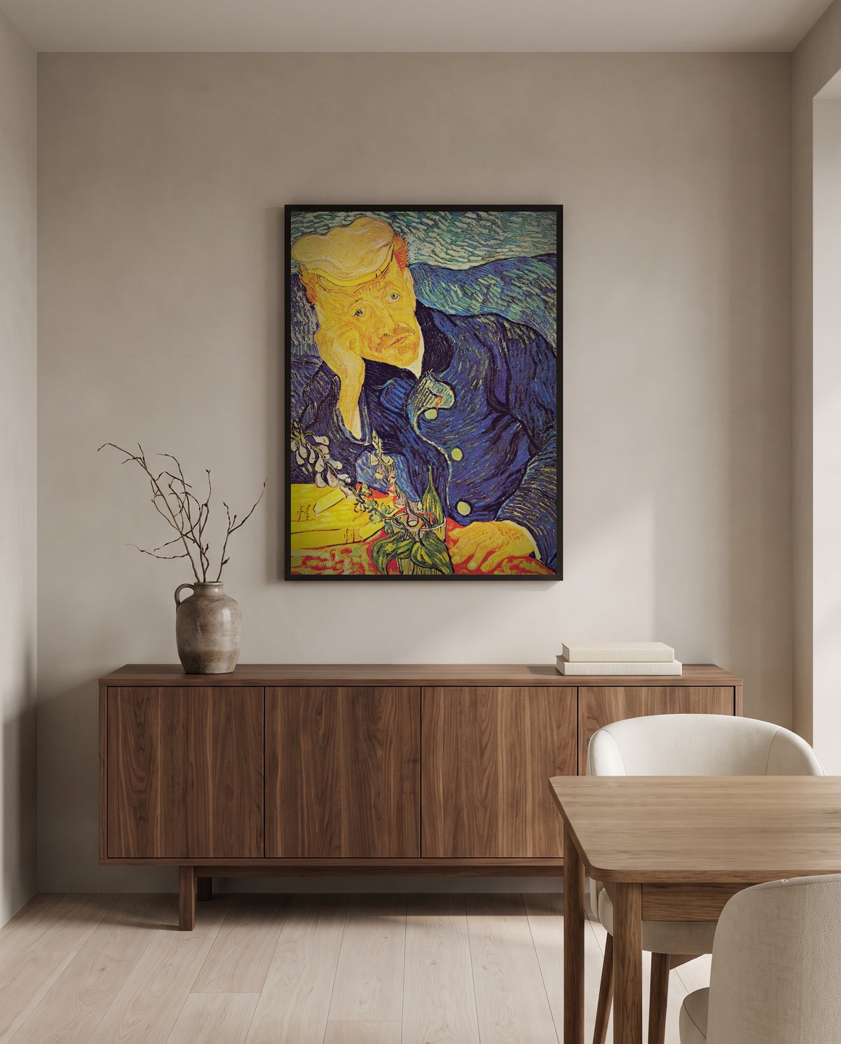 Portrait of Dr. Gachet by Vincent van Gogh in a black frame above a walnut sideboard in a dining room