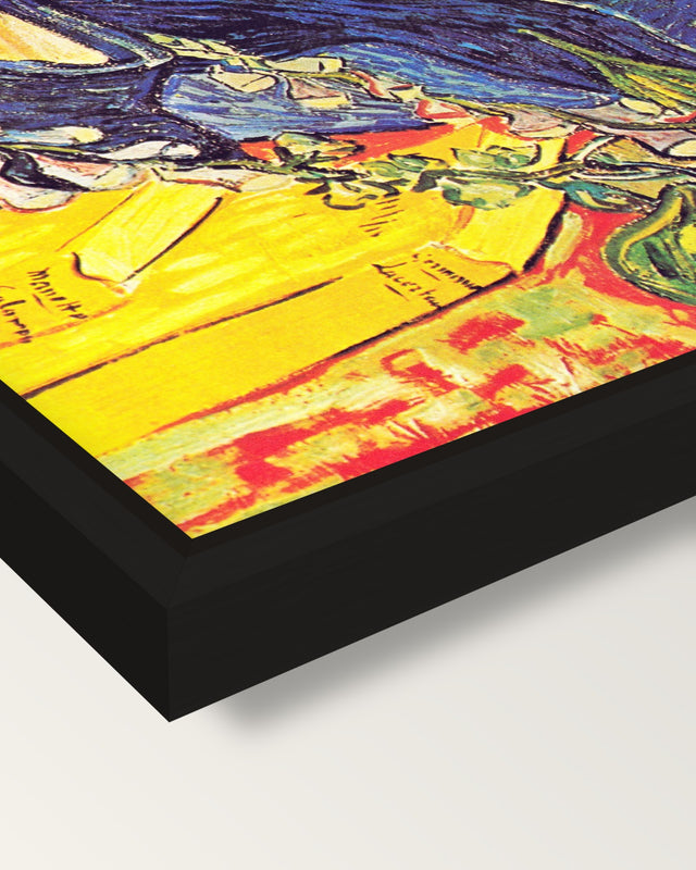 Portrait of Dr. Gachet by van Gogh framed canvas, corner close-up: a black floating frame with a shadow gap round the canvas