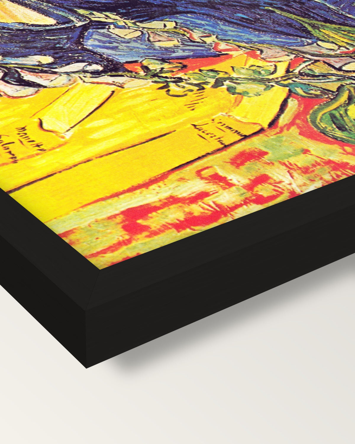 Portrait of Dr. Gachet by van Gogh framed print, corner close-up: black moulding, mitred, the print set just below its edge