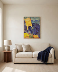 Portrait of Dr. Gachet by Vincent van Gogh framed in natural oak above a cream sofa in a warm living room