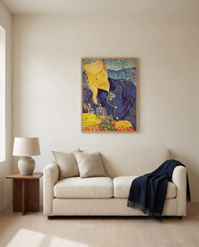 Portrait of Dr. Gachet by Vincent van Gogh framed in natural oak above a cream sofa in a warm living room