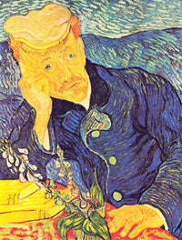 Portrait of Dr. Gachet by Vincent van Gogh: a man in a white cap and blue coat, head on his hand, with a foxglove