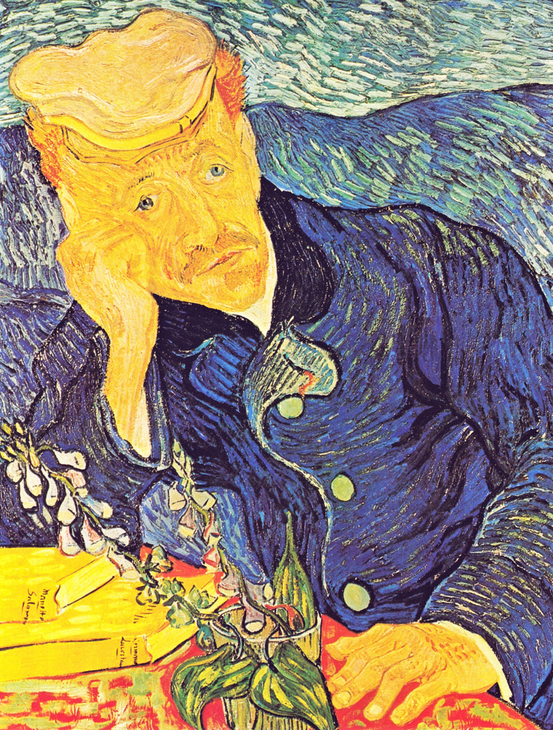 Portrait of Dr. Gachet by Vincent van Gogh: a man in a white cap and blue coat, head on his hand, with a foxglove
